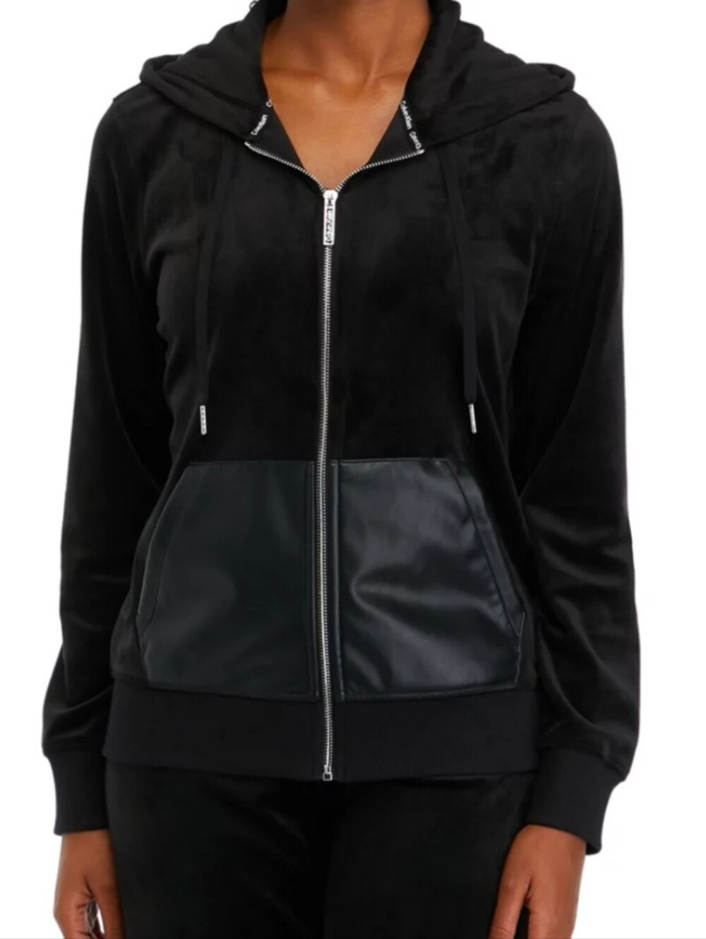 Black Velour Long-Sleeve Hoodie With Front Accent And Zipper Closure, Med